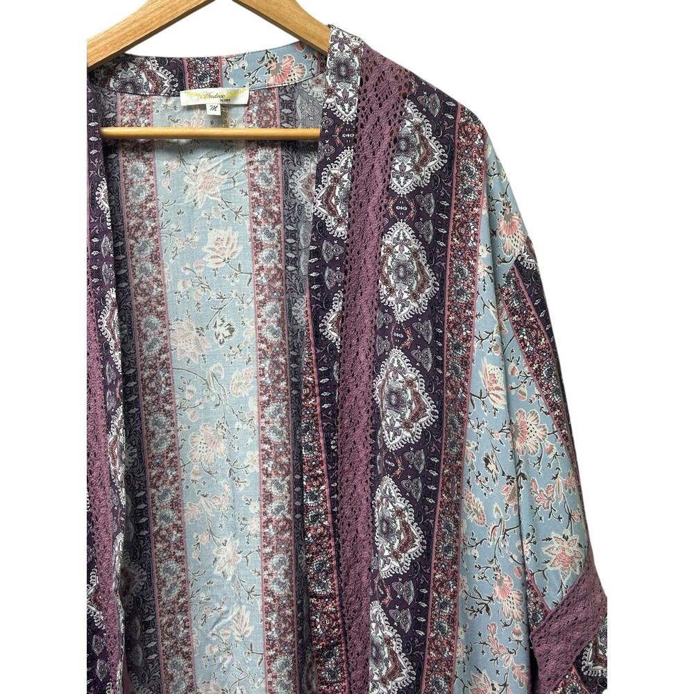 Andree by Unit Purple Lace Kimono M Paisley Fringe Boho Open Front‎ Shawl Jacket - Picture 3 of 10